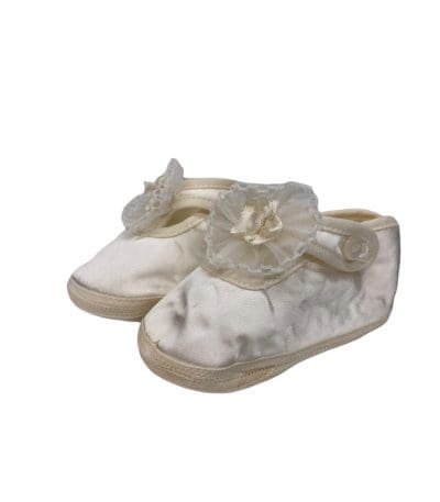 Vintage silky cream colored mary jane style baby booties.